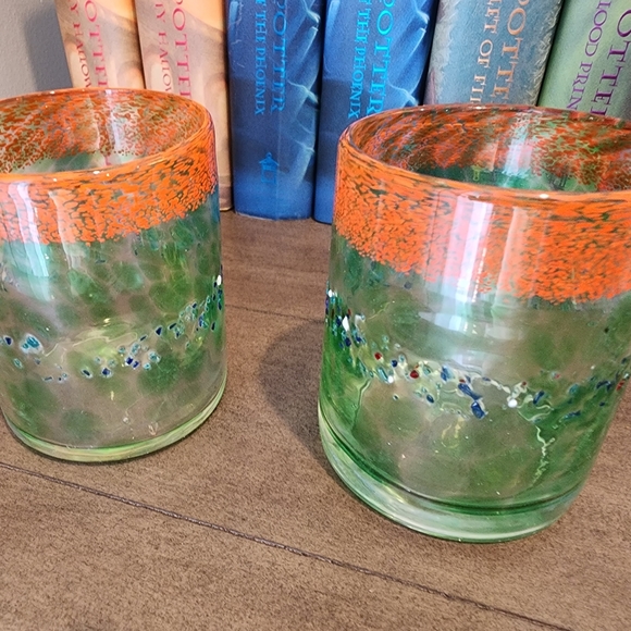 Handmade and Hand Blown Art Glass Lowball colorful set of 2 glasses. - Picture 3 of 9